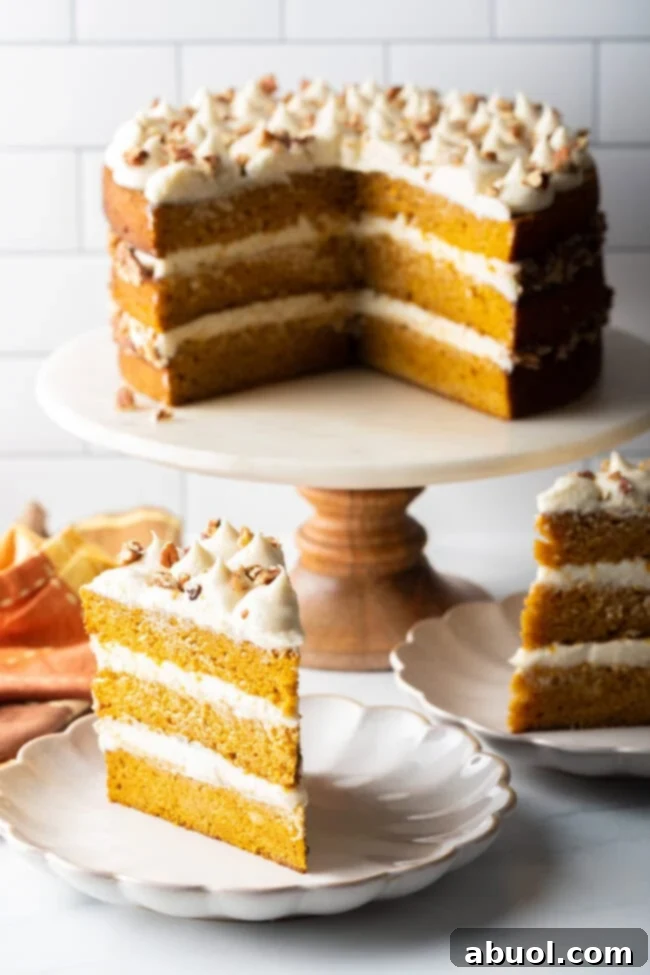 Spiced Autumn Pumpkin Cake 3 Pumpkin Cake Recipe on plates and cake stand.