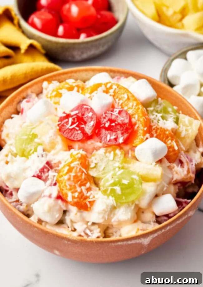 Overhead view of the Ambrosia salad in a serving bowl. 