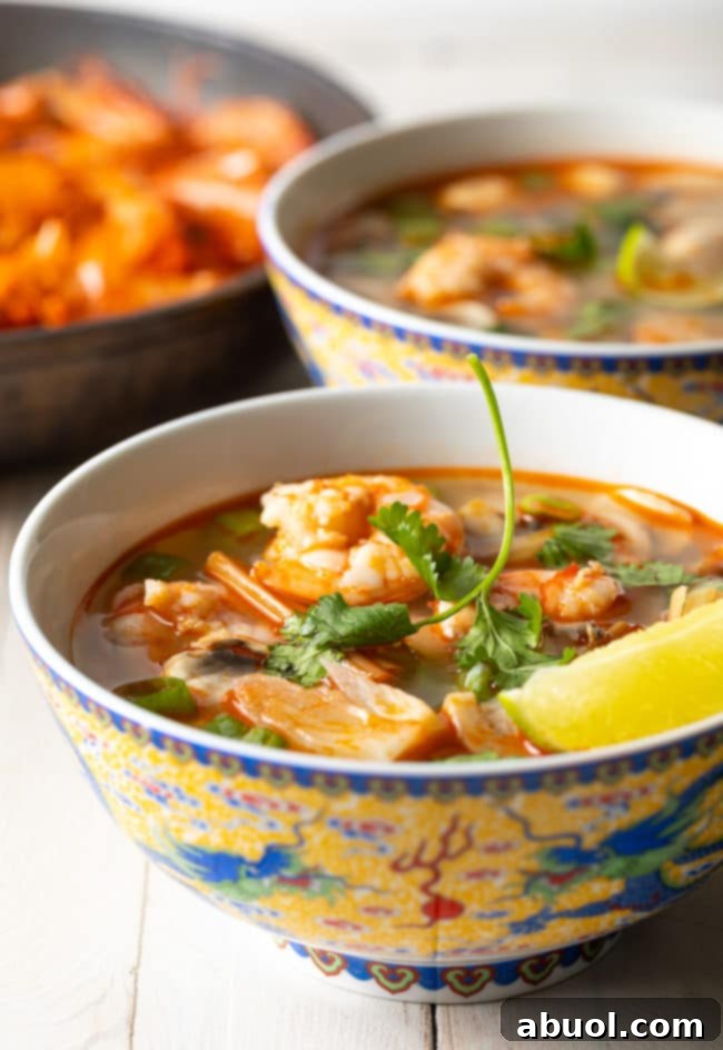 Spicy Thai Tom Yum Perfection 4 Two bowls of Thai hot and sour soup topped with cilantro and lime wedge.