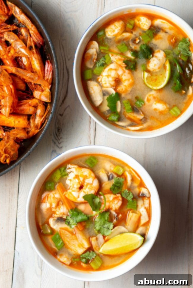 Spicy Thai Tom Yum Perfection 10 Overhead shot of two bowls of shrimp tom yum soup.