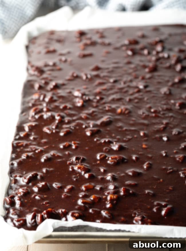 Texas Sheet Cake in a pan lined with parchment paper.