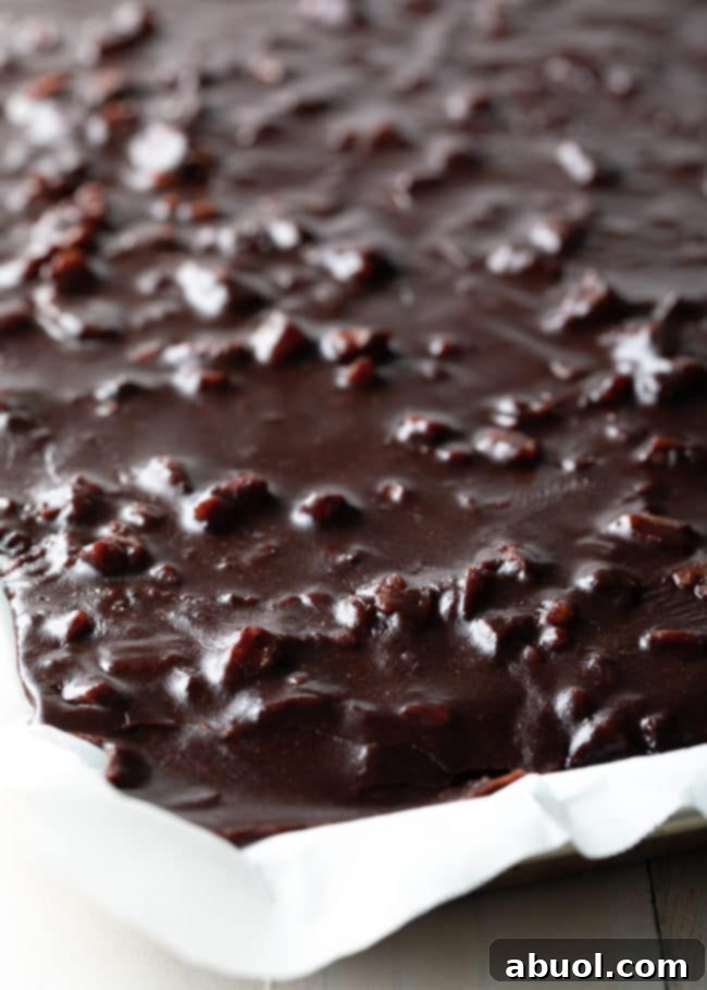 Close up view of Texas Sheet Cake in a pan lined with parchment paper.