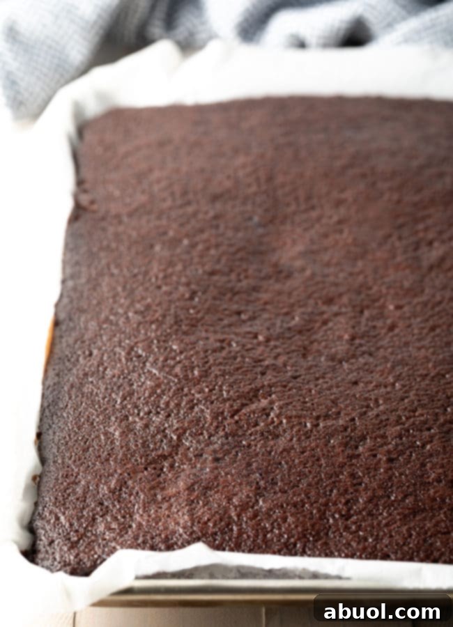 Unfrosted sheet cake in a pan lined with parchment paper.