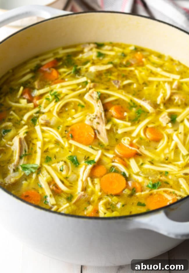 A large pot of homemade chicken noodle soup simmering on the stovetop, filled with rich broth, tender chicken, and vibrant vegetables.