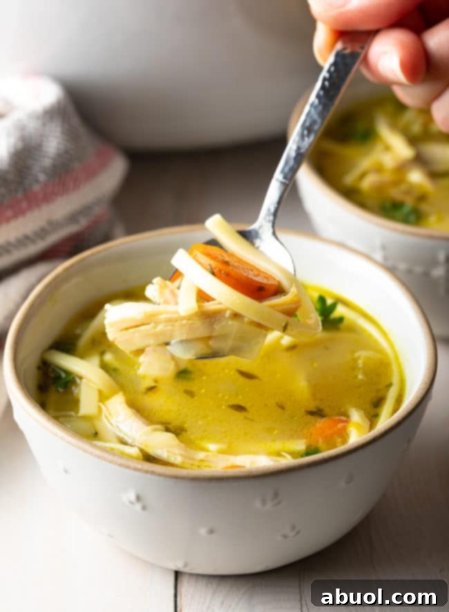 A close-up shot showing a spoonful of homemade chicken soup, with the bowl of soup underneath it, ready to be enjoyed.