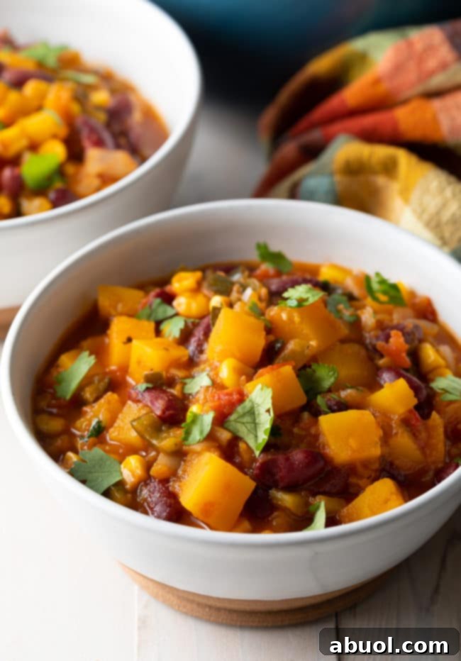 vegetarian chili in bowl - made with butternut squash and beans