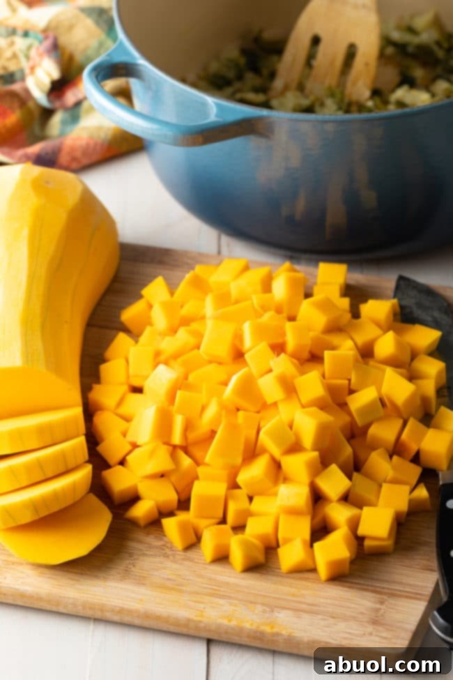 butternut squash chopped on board