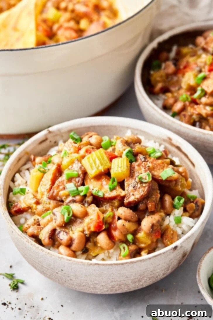 Closeup of a bowl full of Hoppin John. 