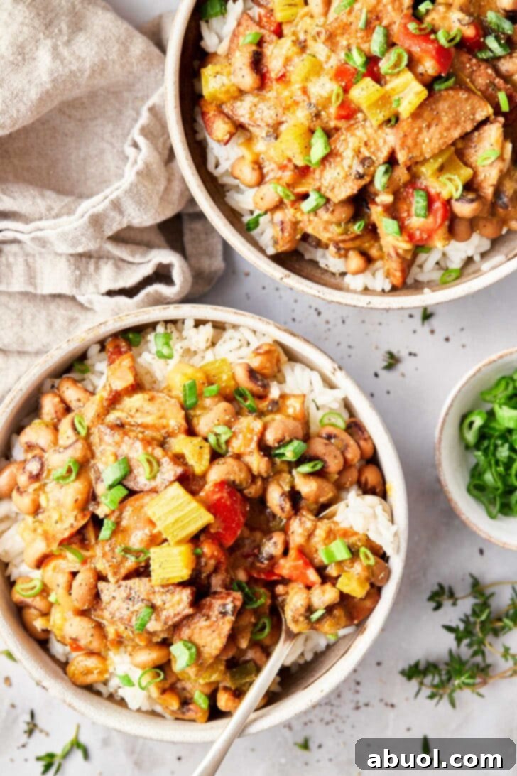 Rice and hoppin john in a bowls with a silver spoon. 