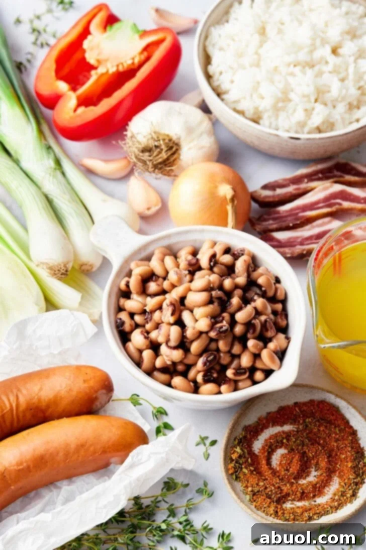 Overhead view of ingredients needed for Hoppin John. 