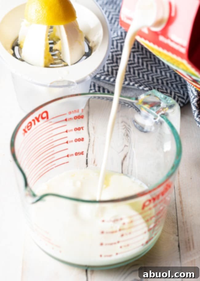 Pouring fresh milk into a glass measuring cup to prepare homemade buttermilk.