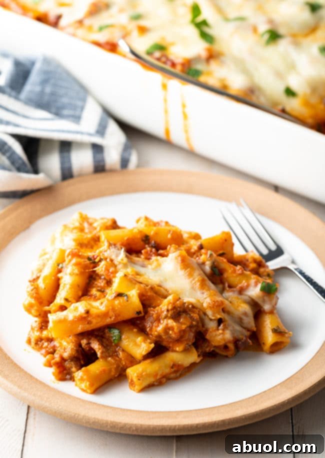 italian sausage A plate featuring baked ziti with Italian sausage and ricotta cheese, showcasing the various components of the dish
