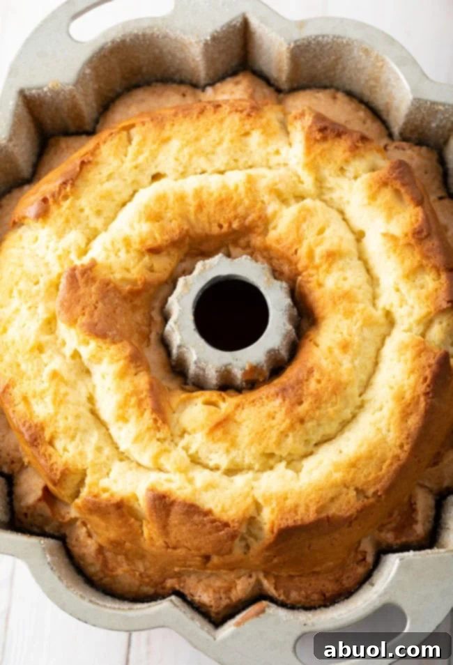 The batter being poured into a greased and floured bundt pan.