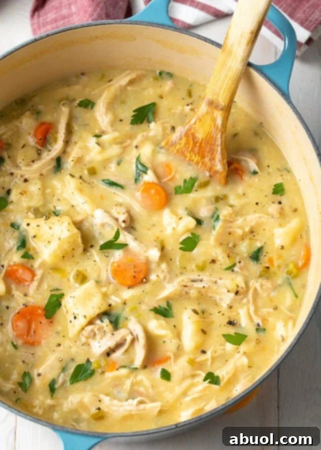 A large Dutch oven filled with homemade chicken and dumplings, ready to serve, with a wooden spoon resting in the pot.