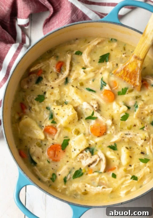 Homemade noodles and shredded chicken simmering together in a large pot, creating a hearty and comforting stew.