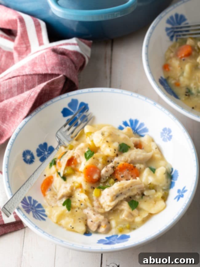 A bowl of chicken and dumplings with a fork, showing the generous serving size and the hearty nature of the dish.