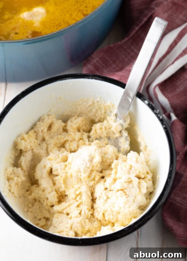 Prepared dumpling dough in a bowl, showing its smooth consistency with a metal spoon inside.