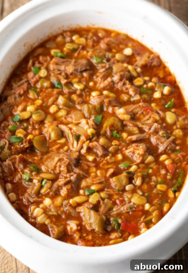 Set It and Forget It Brunswick Stew 3 A large oval slow cooker gently simmering with a rich, dark Southern stew.