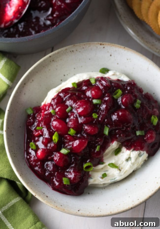 Cranberry Jalapeno Cream Cheese Dip in serving bowl with Pomegranate juice and scallions