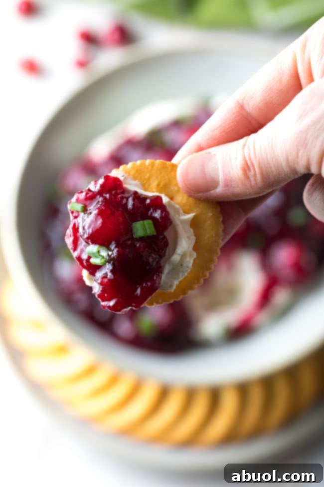 Pomegranate Jalapeno Cream Cheese Dip scooped up on cracker