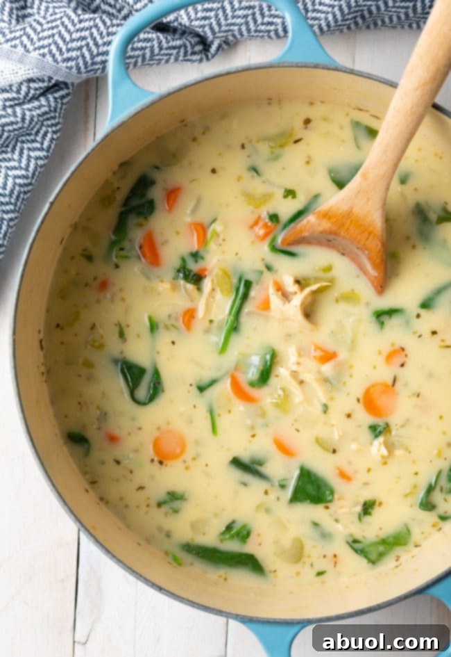 Velvety Lemon Chicken & Spinach Soup 3 Dutch oven filled with vegetable and chicken soup, ready to be served with a wooden spoon.
