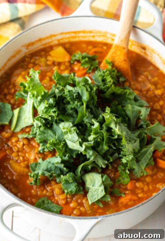 Hearty Tuscan Lentil Soup 8 Adding Kale