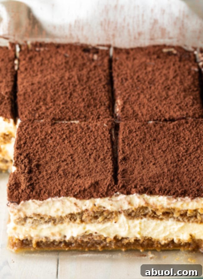 A close-up view of the best Tiramisu reveals its intricate layers of creamy mascarpone and coffee-soaked ladyfingers, dusted with cocoa.