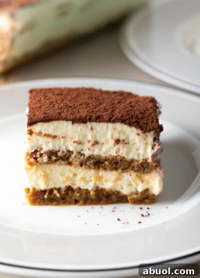 A pristine slice of Tiramisu rests on a white plate, showcasing its distinct layers of coffee-soaked ladyfingers and creamy mascarpone.