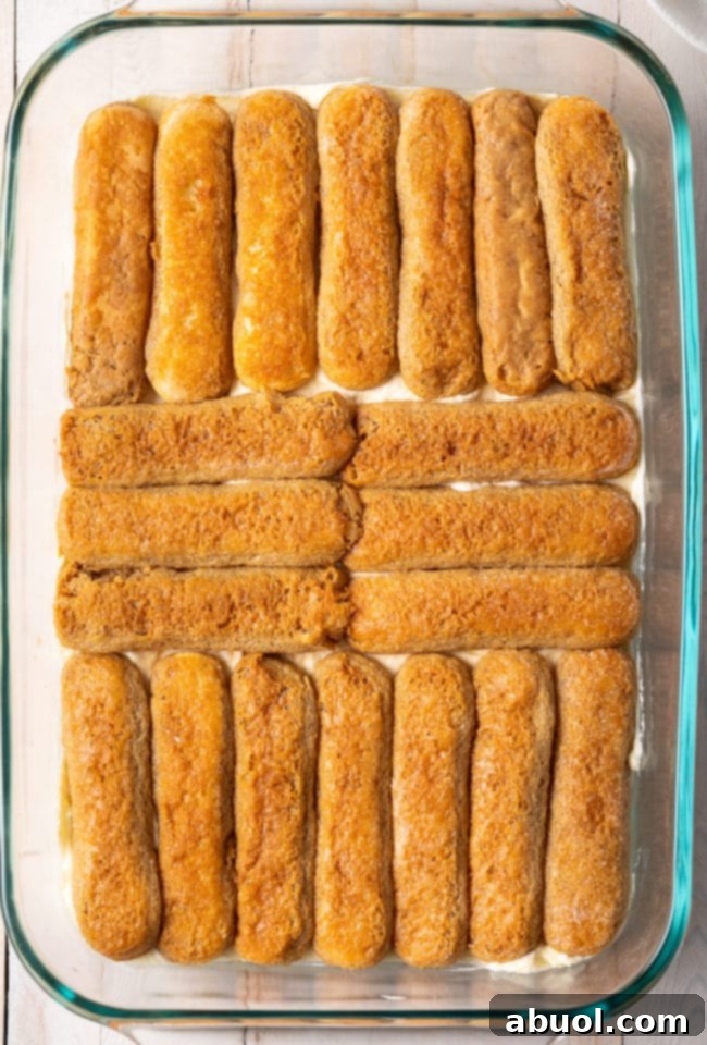 Delicate ladyfingers, perfectly dipped in coffee, are meticulously arranged in a single layer at the bottom of a clear glass baking dish, forming the first foundation.