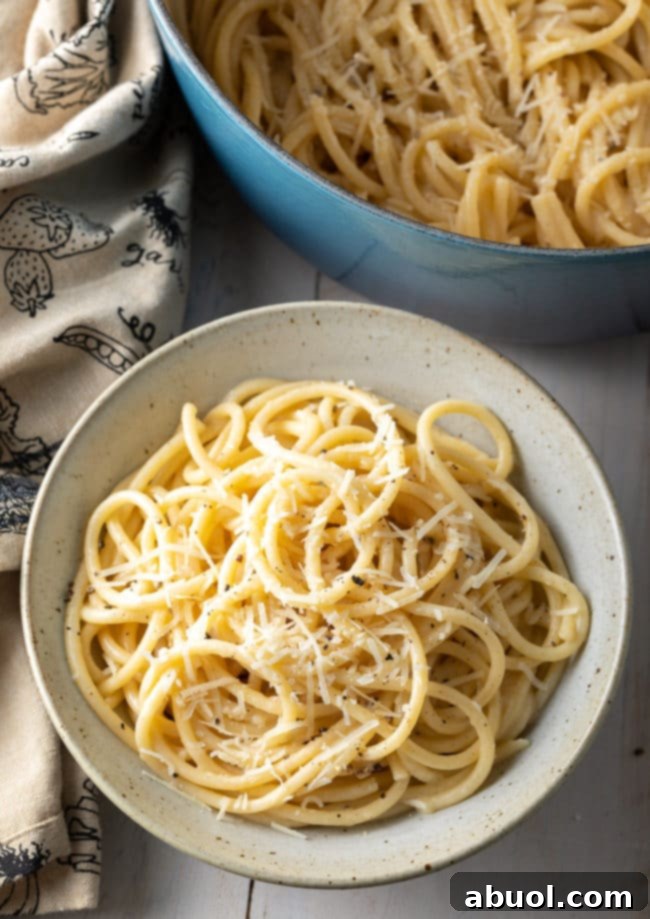 Epic Cacio e Pepe Recipe shown in bowl, ready to be enjoyed