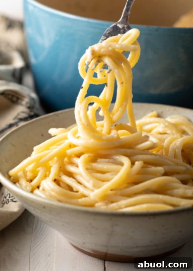 Easy One-Pot Cacio e Pepe Recipe swirled on fork in bowl, ready to eat