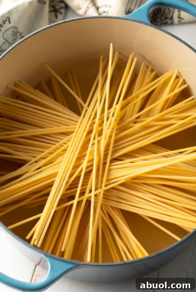 Dried bucatini pasta in a pan with broth, beginning the cooking process