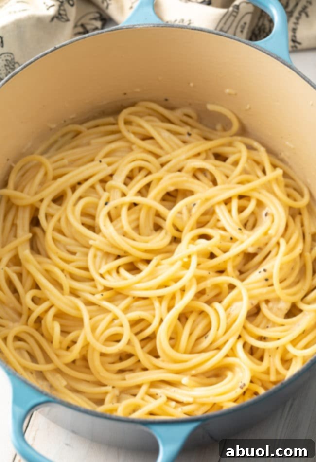Finished Cacio e Pepe perfectly swirled in the pot