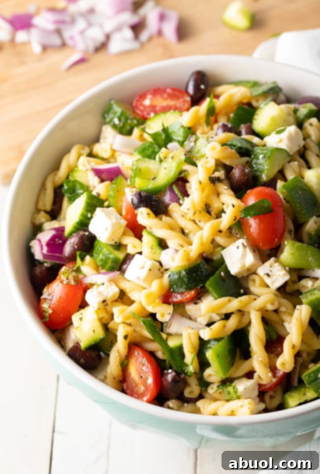 Greek pasta salad with a generous amount of feta cheese