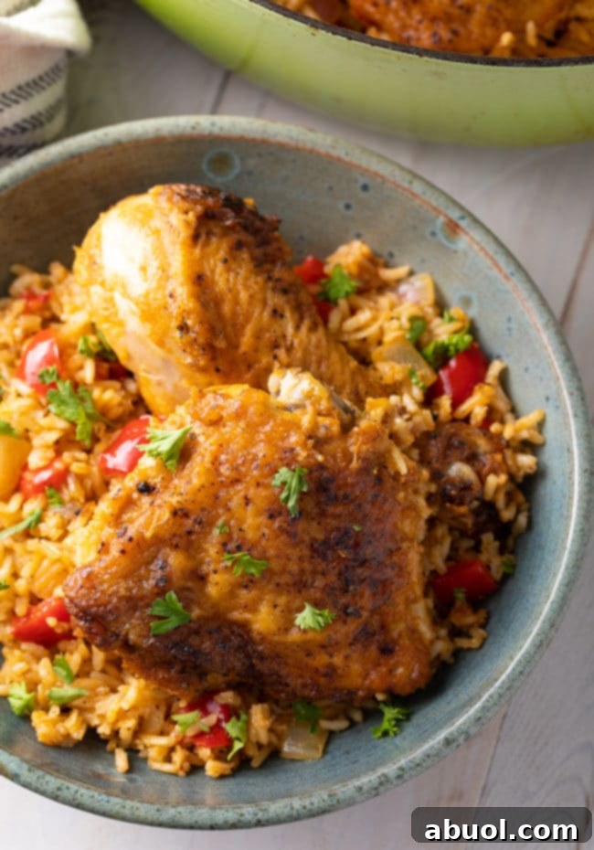 Authentic Cuban Arroz Con Pollo 3 Blue bowl filled with succulent rice and two pieces of chicken, garnished with fresh cilantro.
