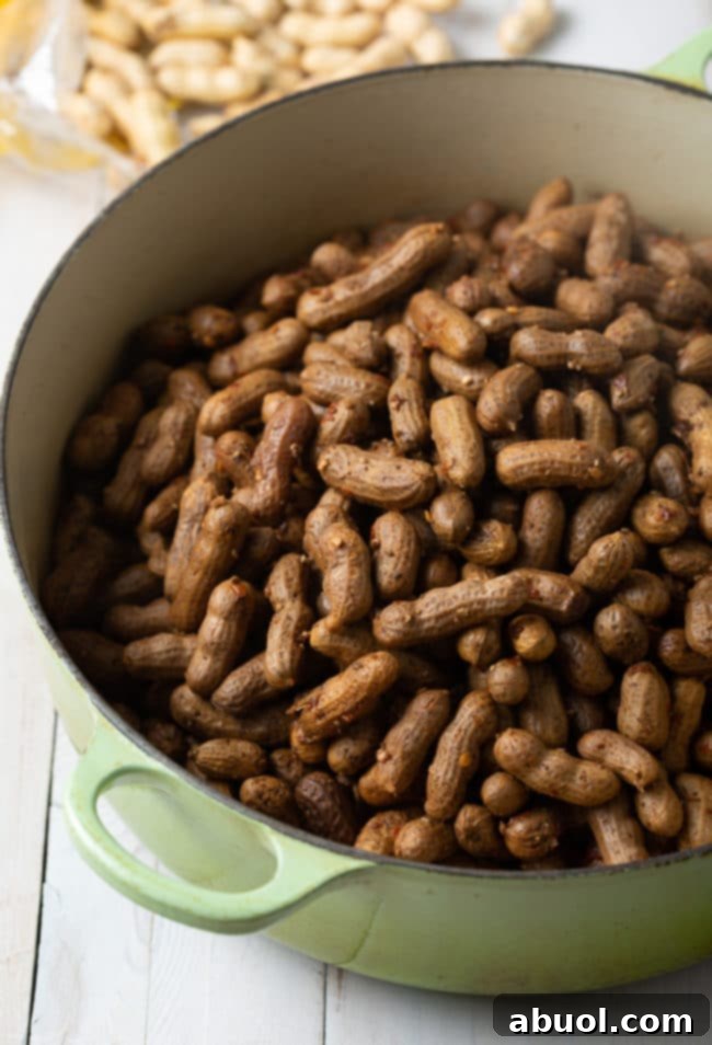 Boiled peanuts in a dutch oven pot.