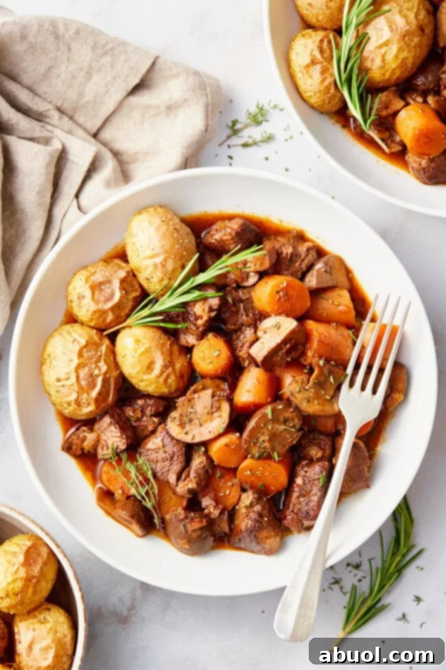 Venison Bourguignon Recipe in bowl (Deer Meat Stew)