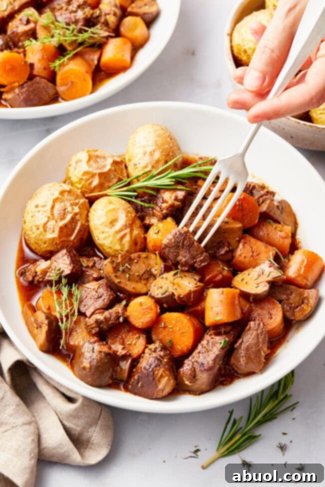 Venison Stew Recipe in a white bowl with a side of potatoes. 