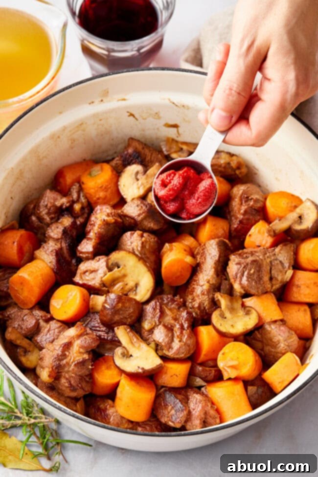 Deer Stew Recipe in a dutch oven with tomato paste added 