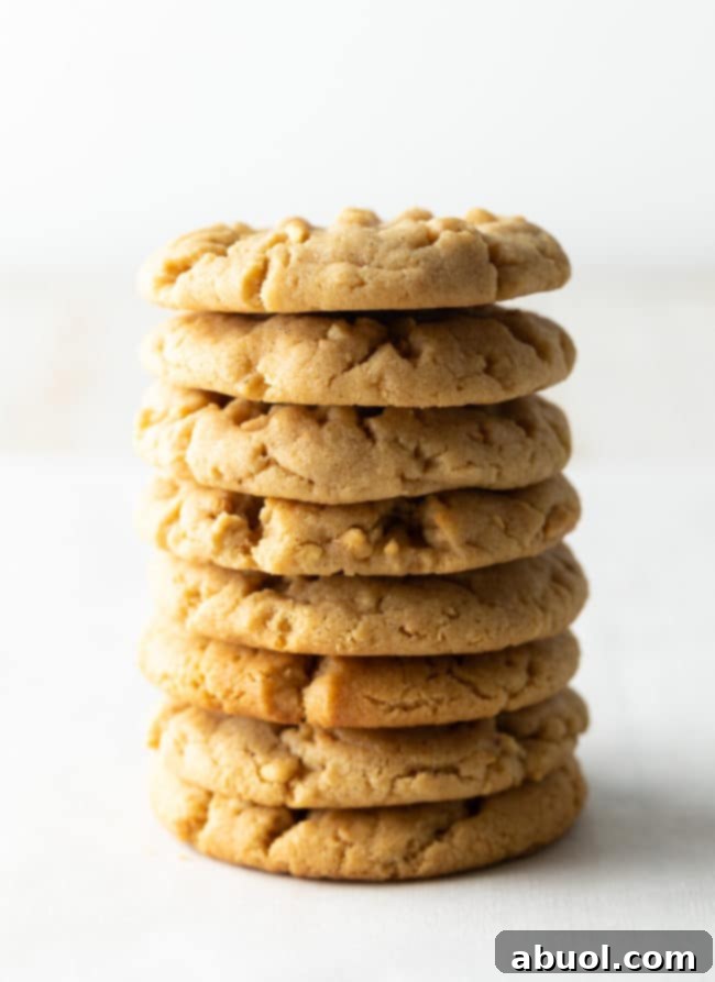 Soft Peanut Butter Cookies with Peanuts - a stack of golden cookies with visible peanut pieces on a clean white background.