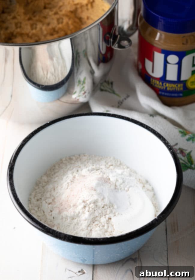 Dry ingredients for peanut butter cookies mixed in a bowl, ready for wet ingredients.