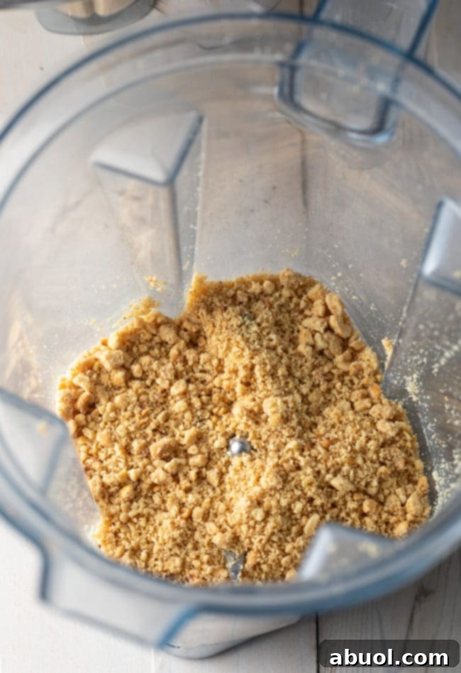 Ground dry roasted peanuts in a blender jar, demonstrating the secret ingredient preparation.