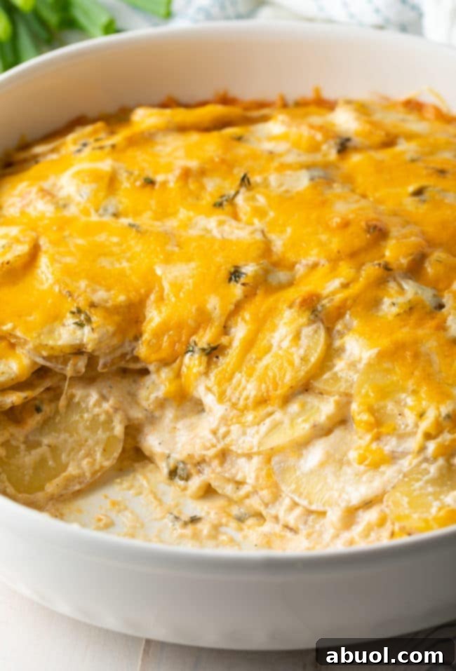Close-up shot of the creamy and cheesy texture of Potatoes au Gratin in a baking dish.