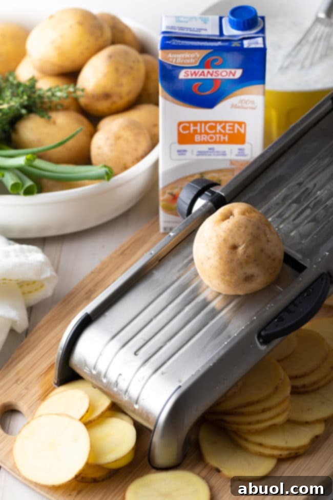 Carefully slicing potatoes to achieve perfect, thin rounds for the Gratin.