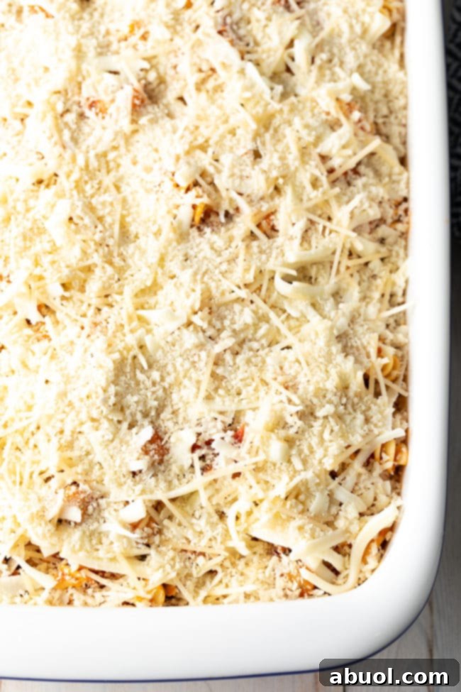 Effortless No-Boil Chicken Parmesan Pasta 9 Cheesy Chicken Parmesan Pasta in a baking dish before being baked.