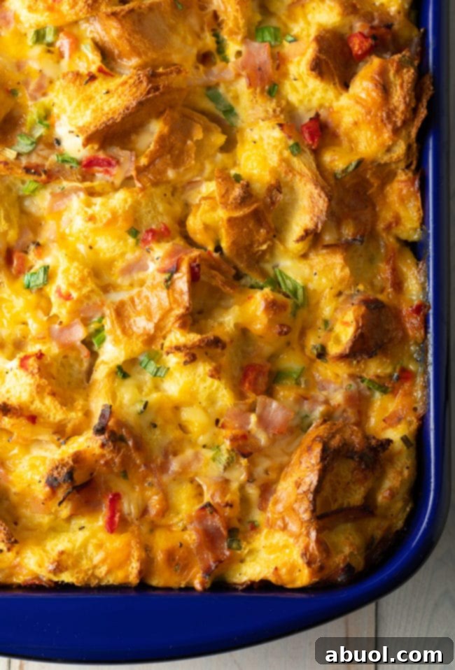 Overnight breakfast casserole baked in a pan, golden brown and ready to serve