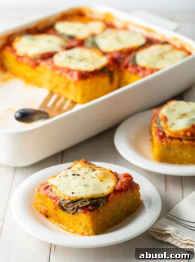 Baking dish of polenta topped with marinara sauce, basil, and sliced mozzarella cheese. A square of baked margherita polenta is on a white dish at the forefront.