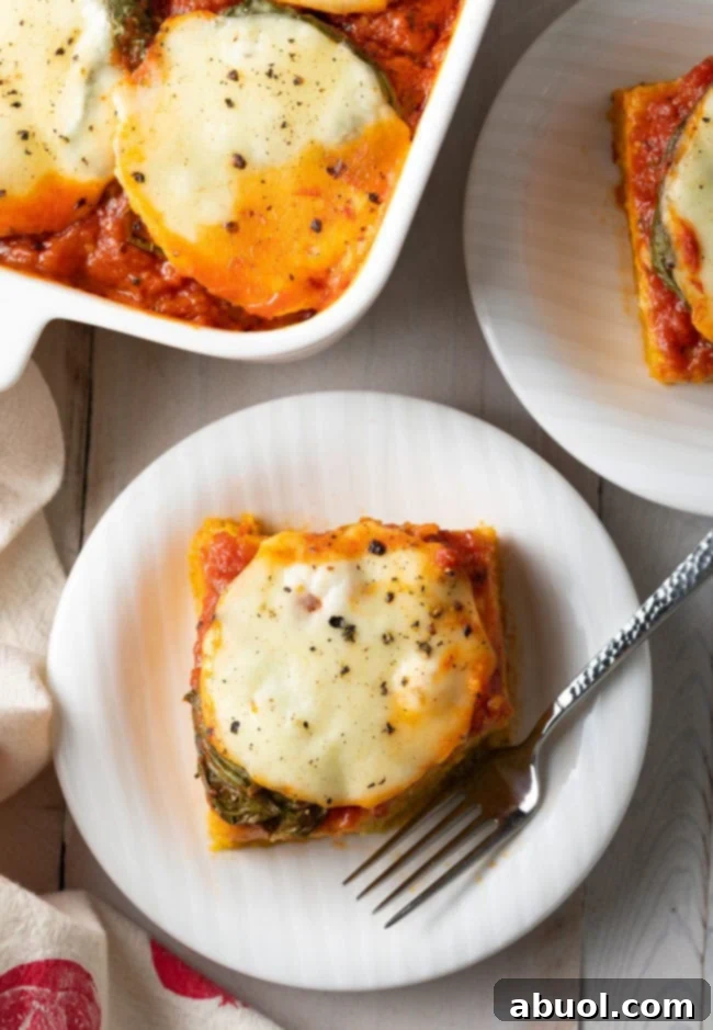 Top down view: Baking dish of polenta topped with marinara sauce, basil, and sliced mozzarella cheese. A square of baked margherita polenta is on a white dish at the forefront.
