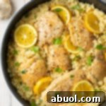 A delicious serving of Parmesan Lemon Chicken and Rice Skillet.