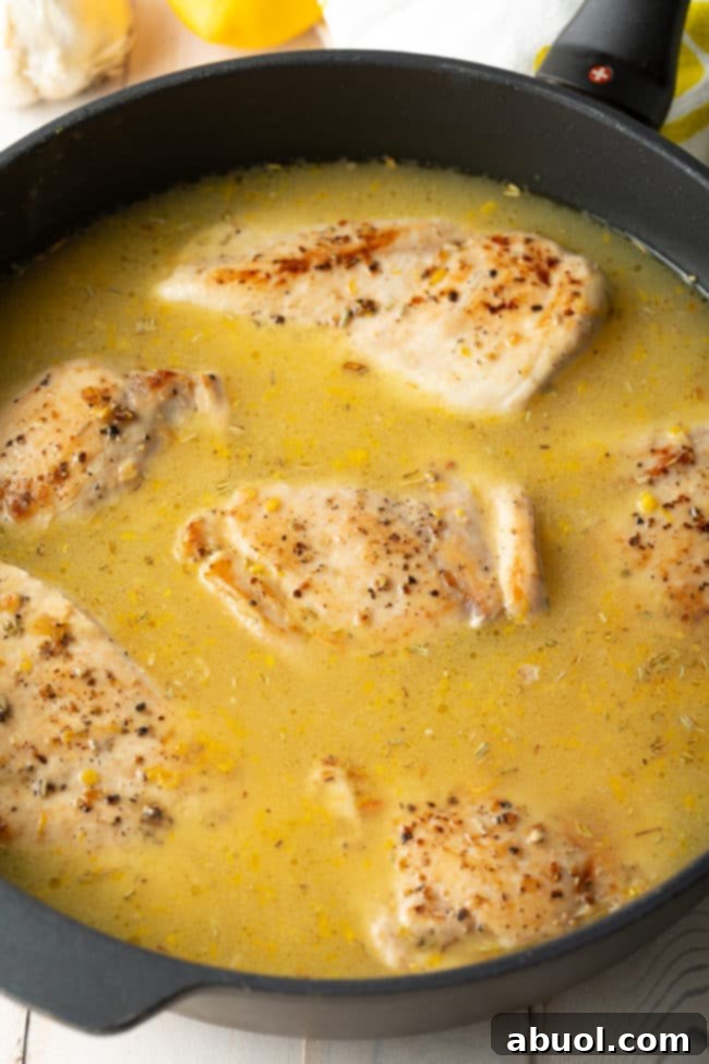Chicken thighs browning in a skillet with sautéed onions and garlic pushed to the side.